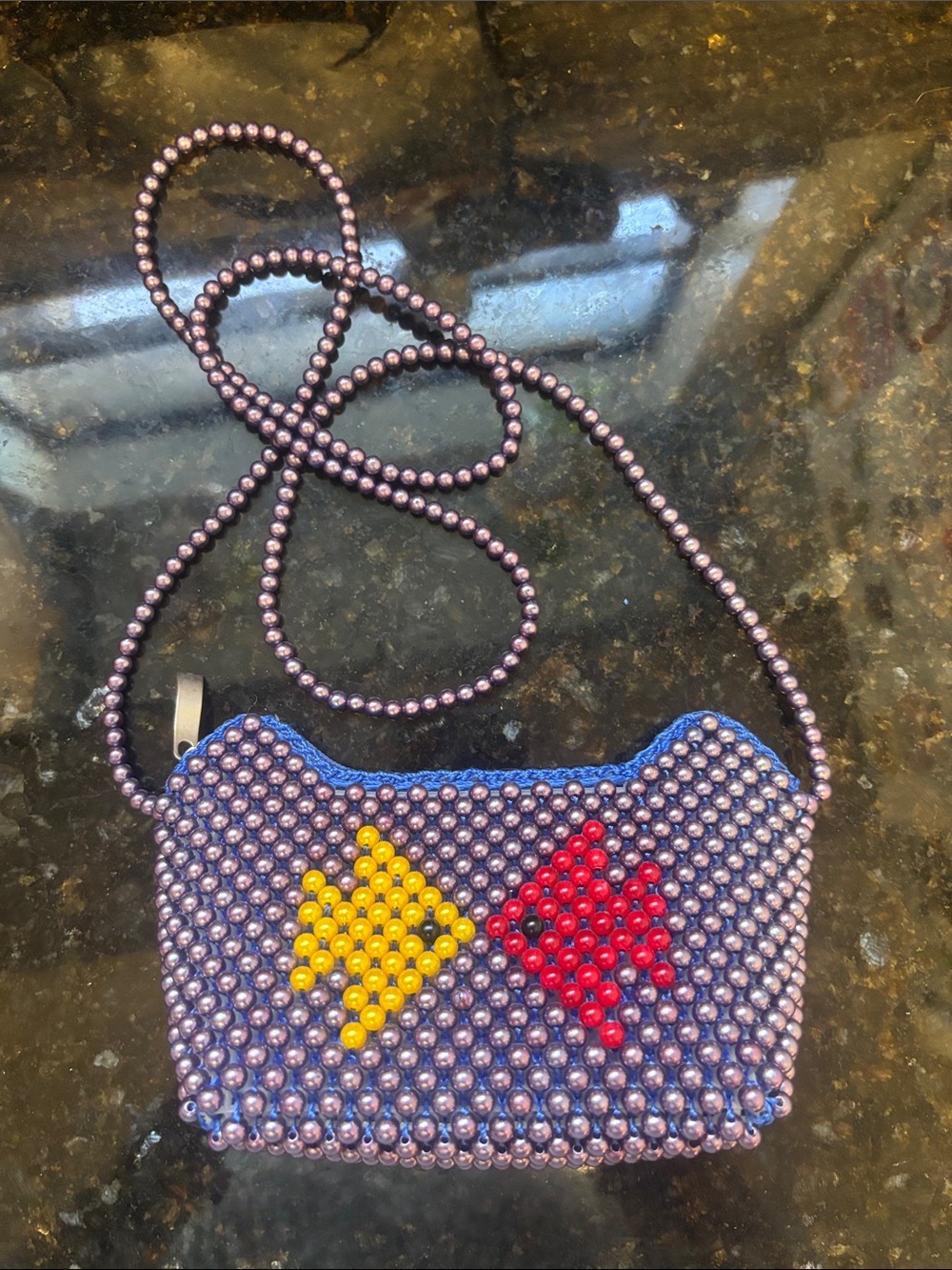 Hand Crafted Purple Beaded Mini Crossbody with Red & Yellow Heart Motifs
